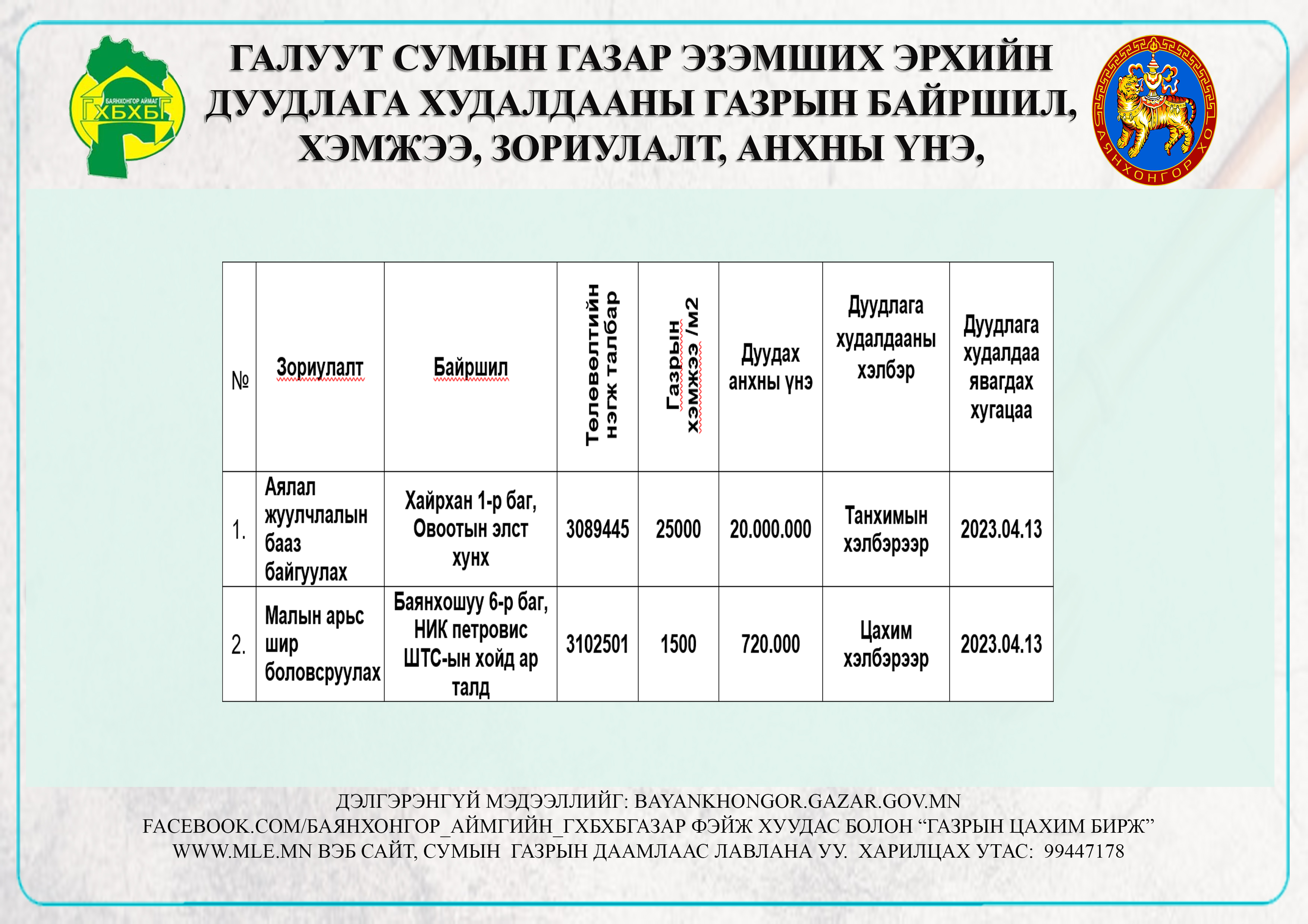 "ГАЗАР ЭЗЭМШИХ ЭРХИЙН ГЭРЧИЛГЭЭ"-т дуудлага худалдаанд оролцохыг урьж байна