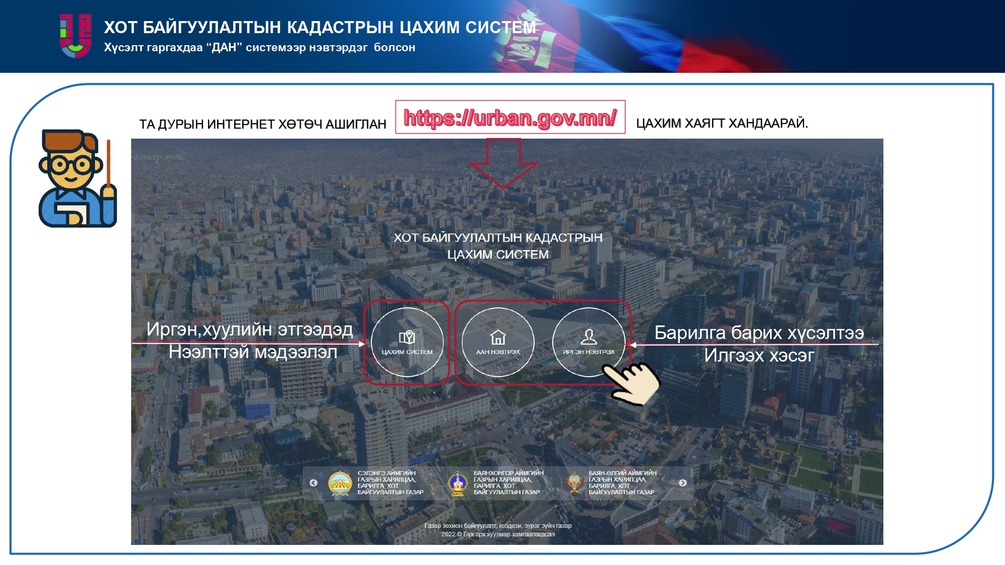 ХОТ БАЙГУУЛАЛТЫН КАДАСТРЫН ЦАХИМ СИСТЕМ / www.urban.gov.mn /-ээр ХҮСЭЛТ ИЛГЭЭХ ЗААВАР
