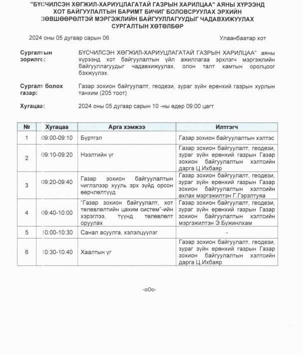 ГАЗАР ЗОХИОН БАЙГУУЛАЛТ, ХОТ ТӨЛӨВЛӨЛТИЙН ЧИГЛЭЛЭЭР ҮЙЛ АЖИЛЛАГАА ЯВУУЛДАГ МЭРГЭЖЛИЙН БАЙГУУЛЛАГУУДЫГ СУРГАЛТАД УРЬЖ БАЙНА