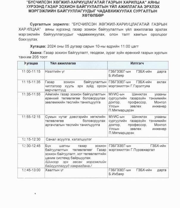 ГАЗАР ЗОХИОН БАЙГУУЛАЛТ, ХОТ ТӨЛӨВЛӨЛТИЙН ЧИГЛЭЛЭЭР ҮЙЛ АЖИЛЛАГАА ЯВУУЛДАГ МЭРГЭЖЛИЙН БАЙГУУЛЛАГУУДЫГ СУРГАЛТАД УРЬЖ БАЙНА