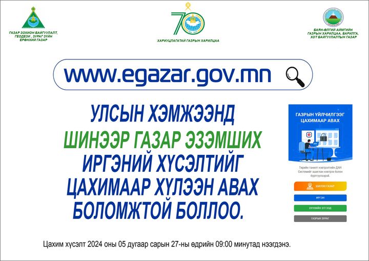 Газрын тухай хуулинд орсон нэмэлт өөрчлөлтөөр иргэний гэр бүлийн хэрэгцээний зориулалтаар шинээр газар эзэмших хүсэлтийг цахимаар авахаар болсон. Иймд дээрх зориулалтаар шинээр газар эзэмших хүсэлтийг WWW.EGAZAR.GOV.MN-ээр 2024 оны 05-р сарын 27-ний өдрийн 9 цагаас эхлэн авах болсныг мэдээлж байна.