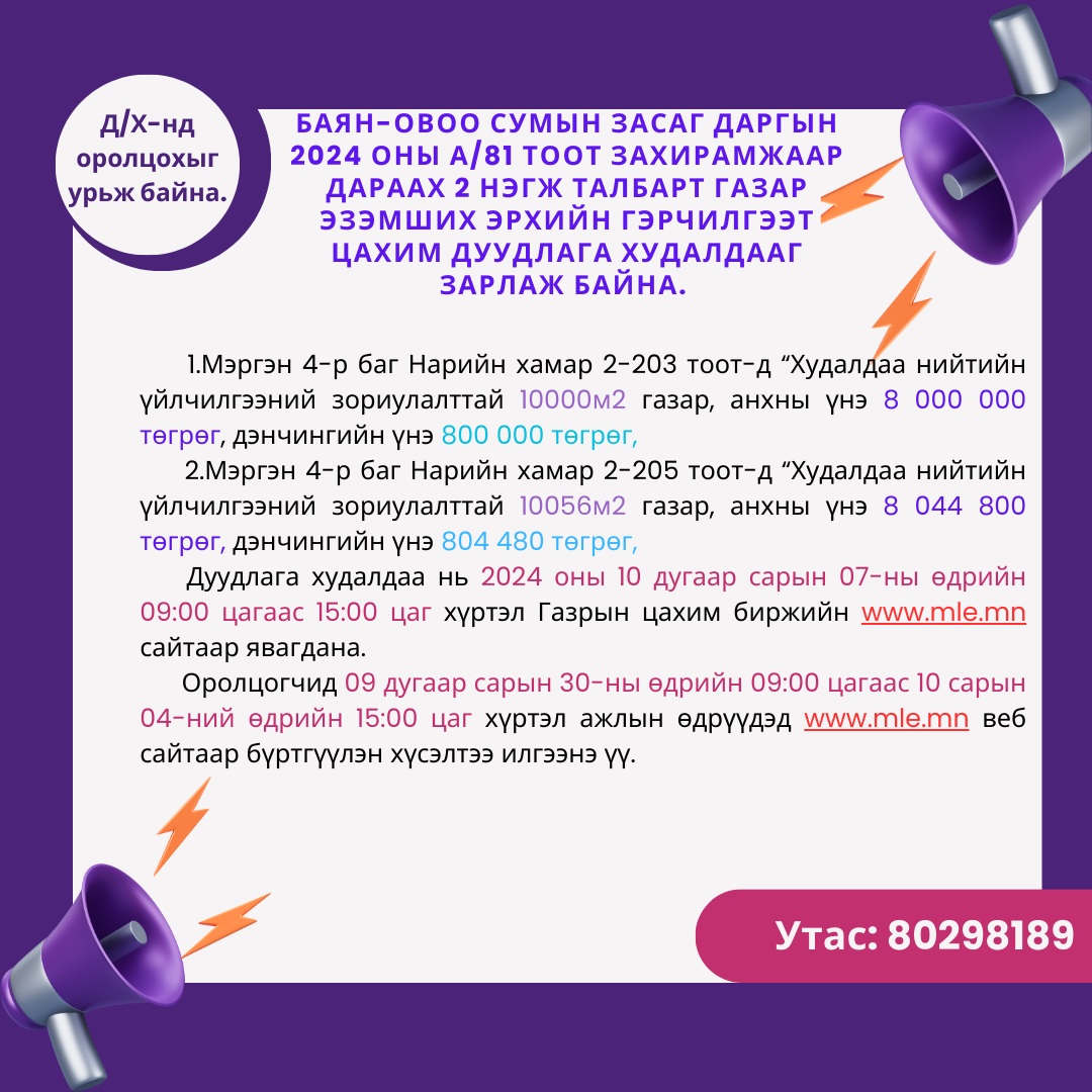 ГАЗАР ЭЗЭМШИХ ЭРХИЙН ГЭРЧИЛГЭЭТ ЦАХИМ ДУУДЛАГА ХУДАЛДААНД ОРОЛЦОХЫГ УРЬЖ БАЙНА.
