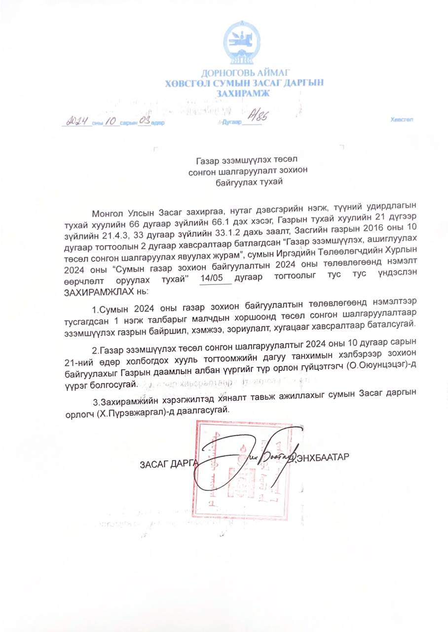 МАНДАХ СУМАНД МАЛЧДЫН ХОРШООНД ГАЗАР ЭЗЭМШҮҮЛЭХ ТӨСӨЛ СОНГОН ШАЛГАРУУЛАЛТ ЗОХИОН БАЙГУУЛАГДАНА.