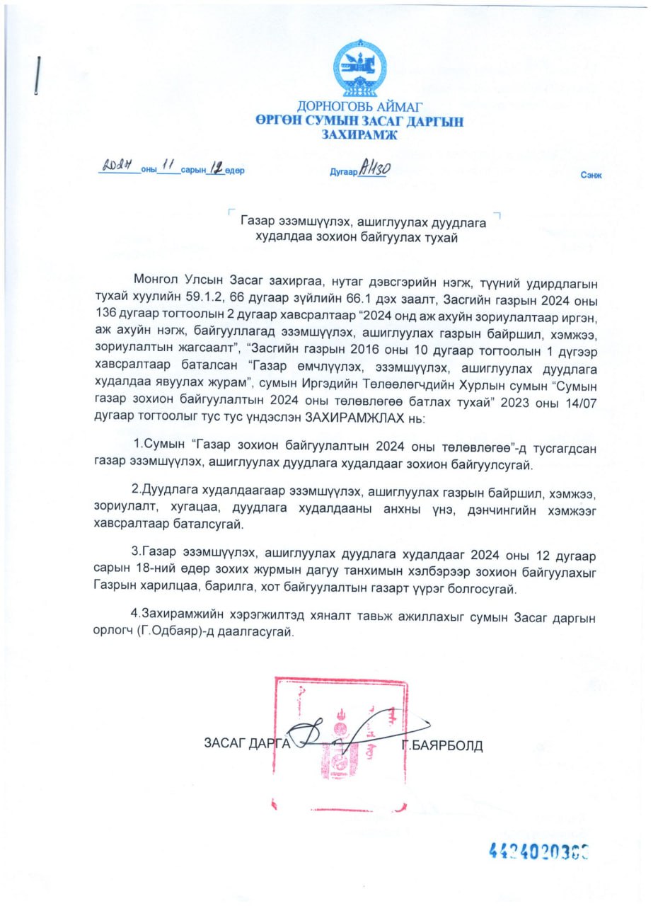 ГАЗРЫН ДУУДЛАГА ХУДАЛДААНЫ ЗАР-ӨРГӨН СУМ