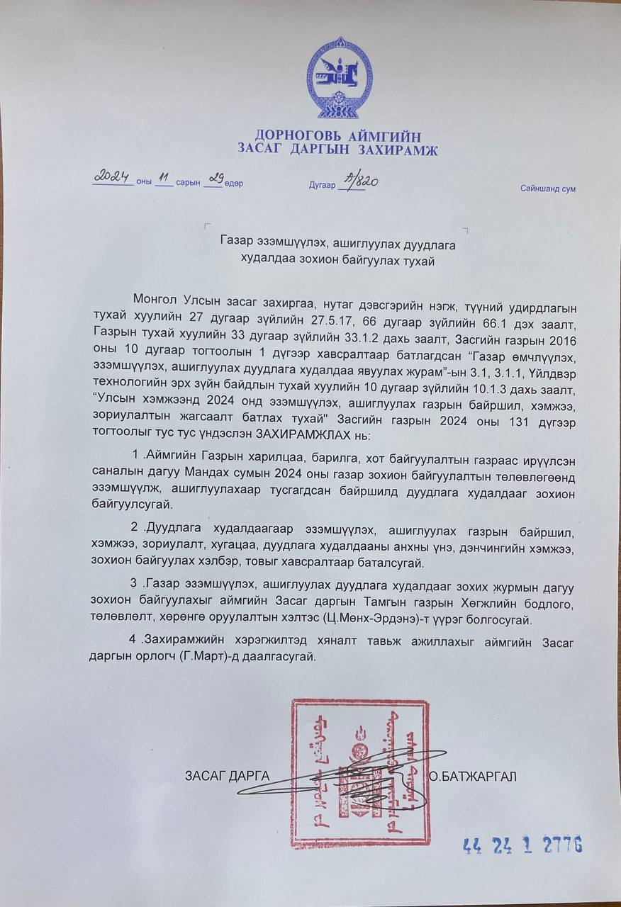 МАНДАХ СУМАНД ГАЗРЫН ДУУДЛАГА ХУДАЛДАА ЦАХИМААР ЗОХИОН БАЙГУУЛАГДАНА.