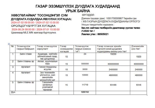 ТОСОНЦЭНГЭЛ СУМАНД ГАЗАР ЭЗЭМШҮҮЛЭХ ДУУДЛАГА ХУДАЛДААНД УРЬЖ БАЙНА.