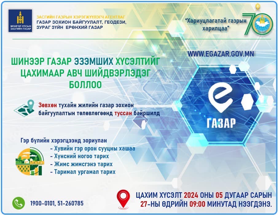 Иргэн та шинээр газар эзэмших хүсэлтээ www.egazar.gov.mn E-Mongolia-аар нэвтрэн