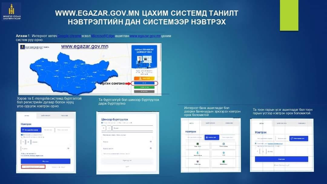 Шинээр газар эзэмших хүсэлтийг www.egazar.gov.mn цахим системээр илгээх заавар: