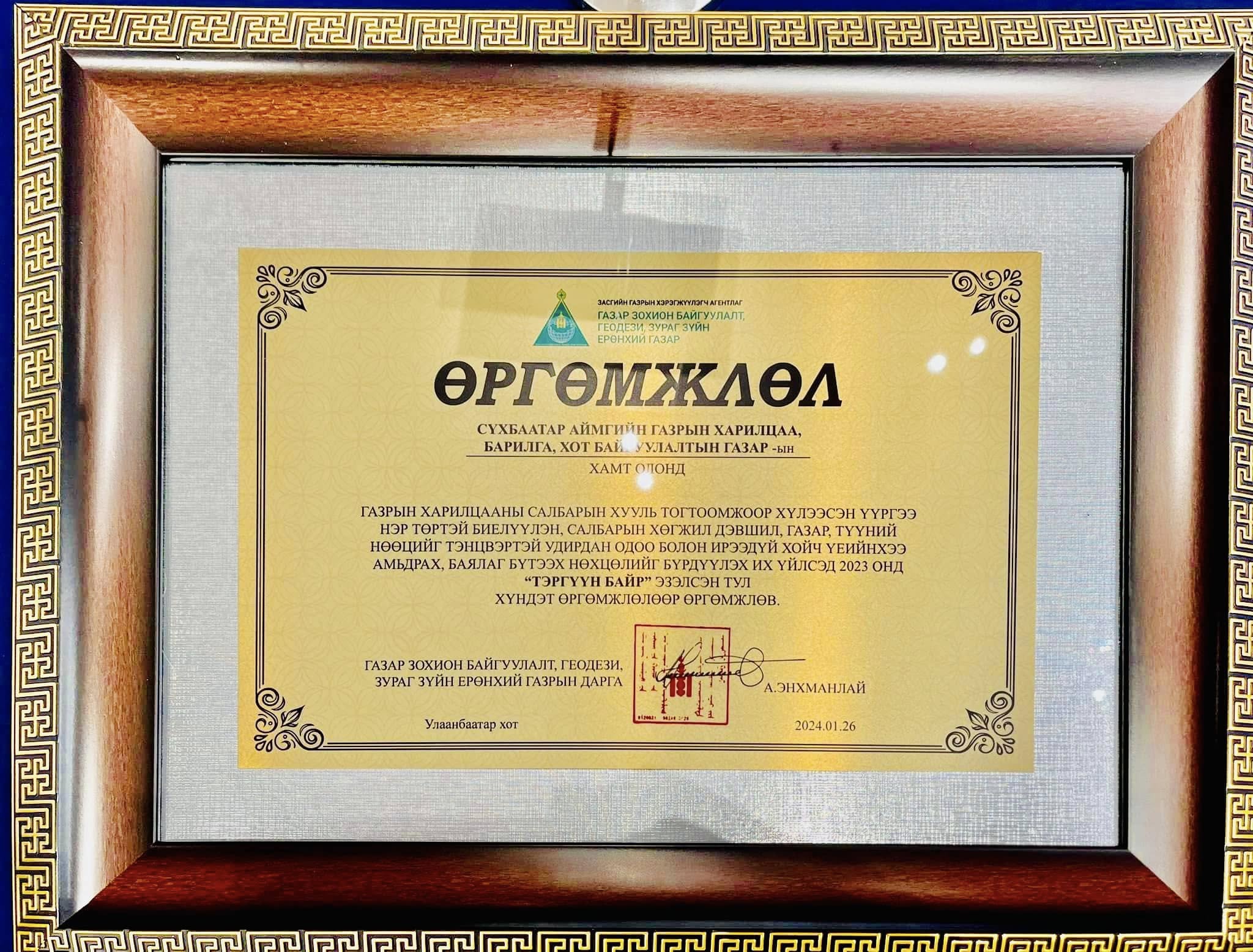ГАЗРЫН ХАРИЛЦАА, БАРИЛГА ХОТ БАЙГУУЛАЛТЫН ГАЗАР “ТЭРГҮҮН БАЙР” ЭЗЭЛЛЭЭ.