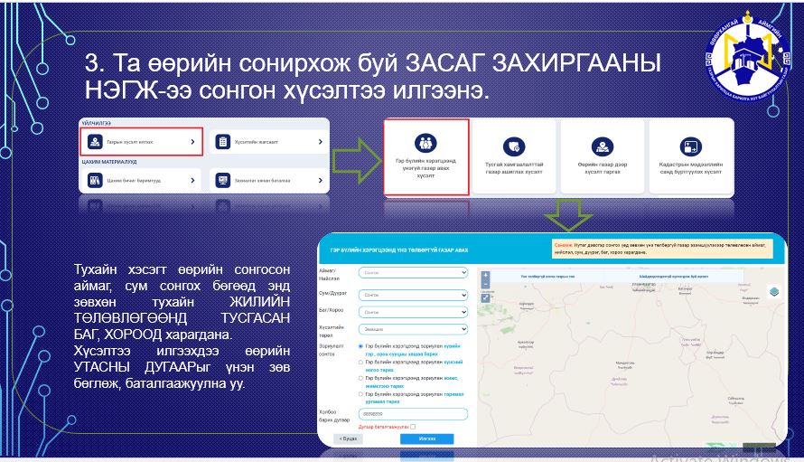 УЛСЫН ХЭМЖЭЭНД ШИНЭЭР ГАЗАР ЭЗЭМШИХ ХҮСЭЛТИЙГ ЦАХИМААР ХҮЛЭЭН АВАХ БОЛОМЖТОЙ БОЛЛОО.