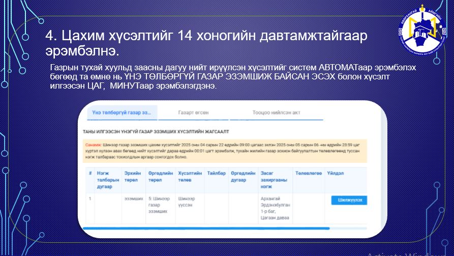 УЛСЫН ХЭМЖЭЭНД ШИНЭЭР ГАЗАР ЭЗЭМШИХ ХҮСЭЛТИЙГ ЦАХИМААР ХҮЛЭЭН АВАХ БОЛОМЖТОЙ БОЛЛОО.