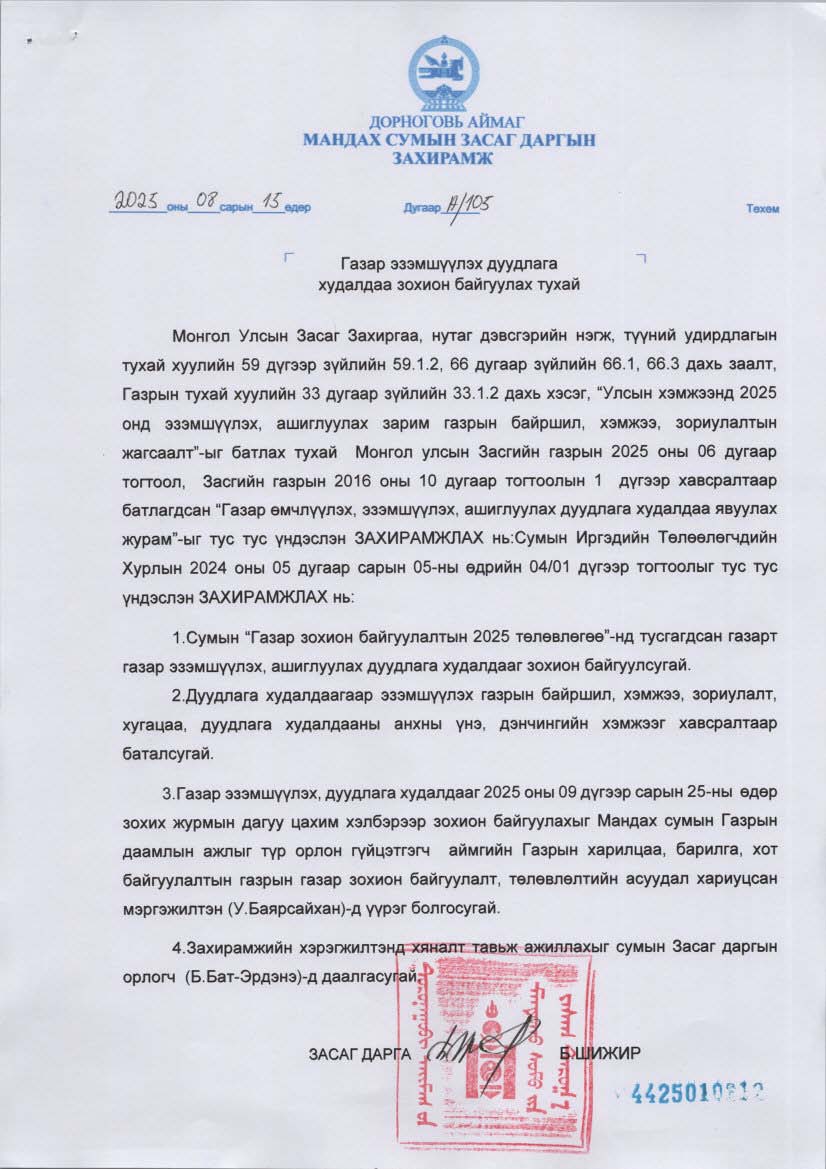 ГАЗРЫН ЦАХИМ ДУУДЛАГА ХУДАЛДАА-МАНДАХ СУМ