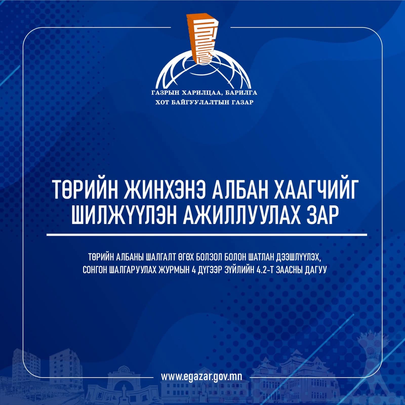 ТӨРИЙН ЖИНХЭНЭ АЛБАН ХААГЧИЙГ ШИЛЖҮҮЛЭХ, СЭЛГЭН АЖИЛЛУУЛАХ ТУХАЙ ЗАР