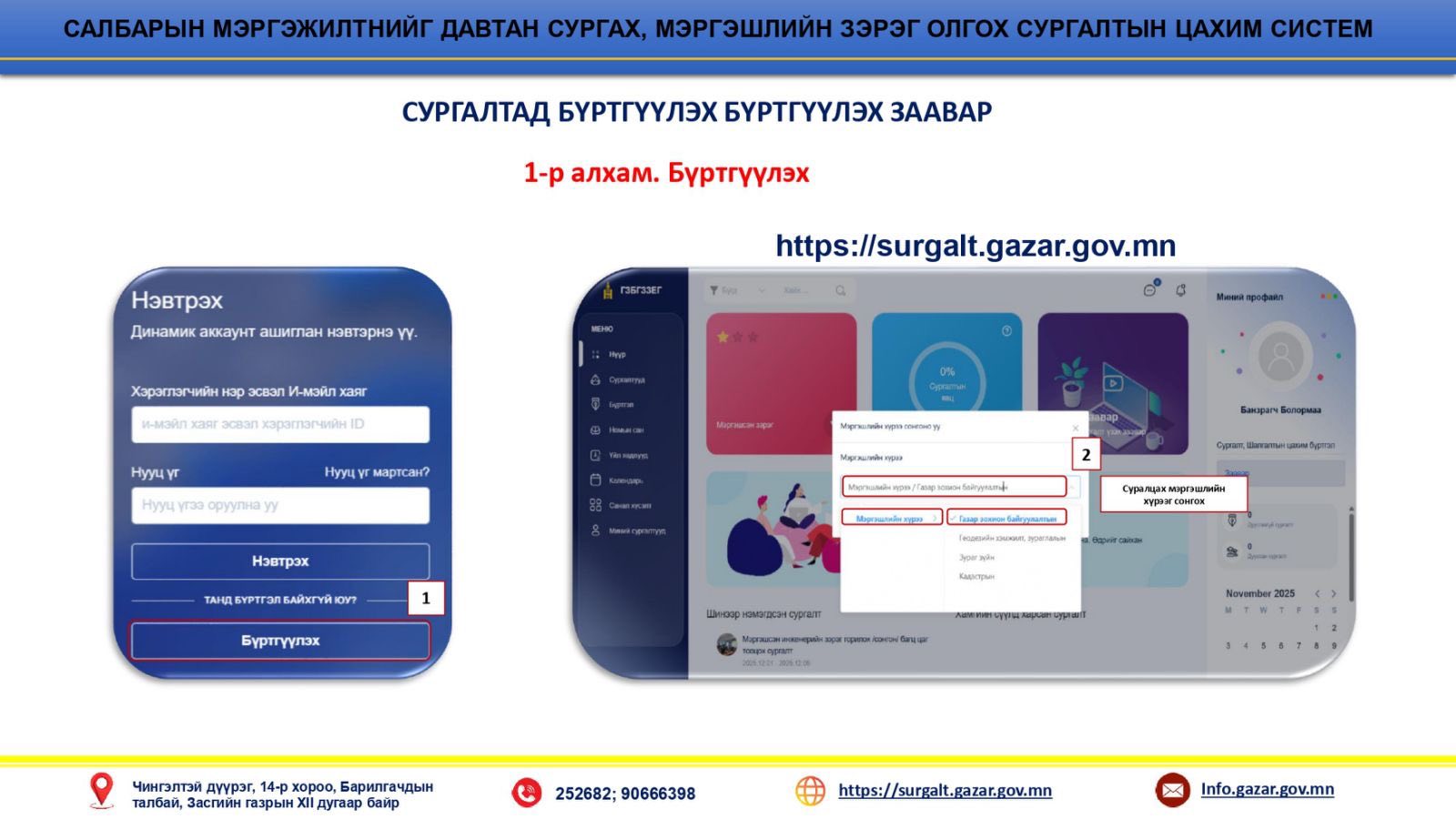 ГАЗАР ЗОХИОН БАЙГУУЛАЛТЫН МЭРГЭЖЛИЙН ЧИГЛЭЛИЙН САЛБАРЫН МЭРГЭЖИЛТНИЙГ ДАВТАН СУРГАХ, МЭРГЭШЛИЙН ЗЭРЭГ ОЛГОХ, СУНГАХ СУРГАЛТЫН БҮРТГЭЛ ЭХЭЛЛЭЭ