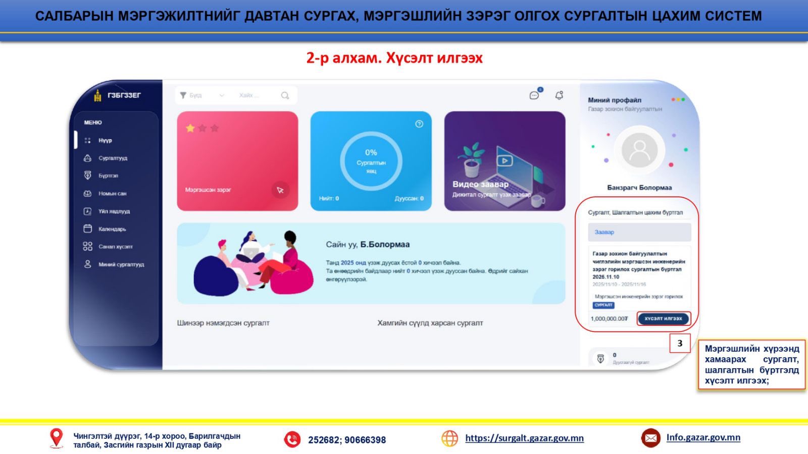 ГАЗАР ЗОХИОН БАЙГУУЛАЛТЫН МЭРГЭЖЛИЙН ЧИГЛЭЛИЙН САЛБАРЫН МЭРГЭЖИЛТНИЙГ ДАВТАН СУРГАХ, МЭРГЭШЛИЙН ЗЭРЭГ ОЛГОХ, СУНГАХ СУРГАЛТЫН БҮРТГЭЛ ЭХЭЛЛЭЭ