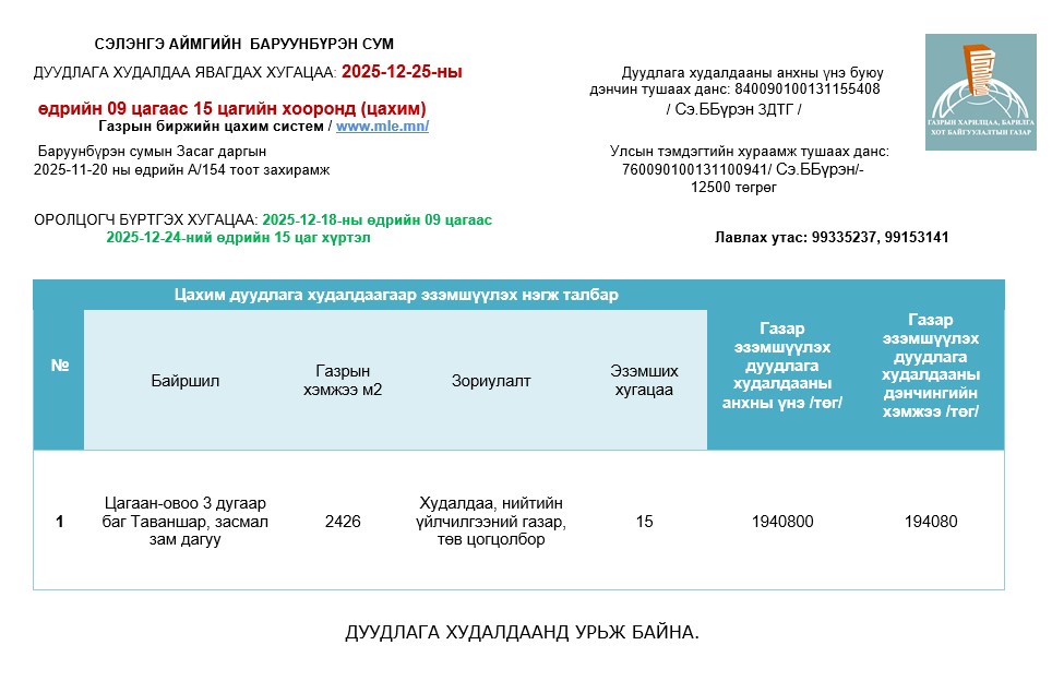 ДУУДЛАГА ХУДАЛДААНД УРЬЖ БАЙНА.