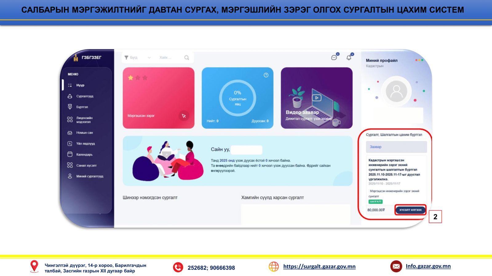 ГЕОДЕЗИ, ЗУРАГ ЗҮЙН МЭРГЭЖЛИЙН ЧИГЛЭЛИЙН МЭРГЭЖИЛТНИЙГ ДАВТАН СУРГАХ, МЭРГЭШЛИЙН ЗЭРЭГ ОЛГОХ, СУНГАХ ШАЛГАЛТЫН БҮРТГЭЛ ЯВАГДАЖ БАЙНА