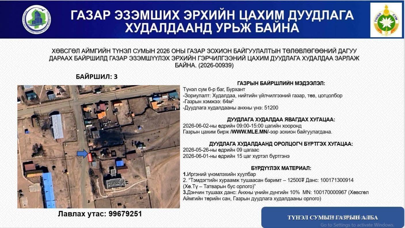 ТҮНЭЛ СУМЫН ГАЗАР ЭЗЭМШИХ ЭРХИЙН ЦАХИМ ДУУДЛАГА ХУДАЛДААНД УРЬЖ БАЙНА