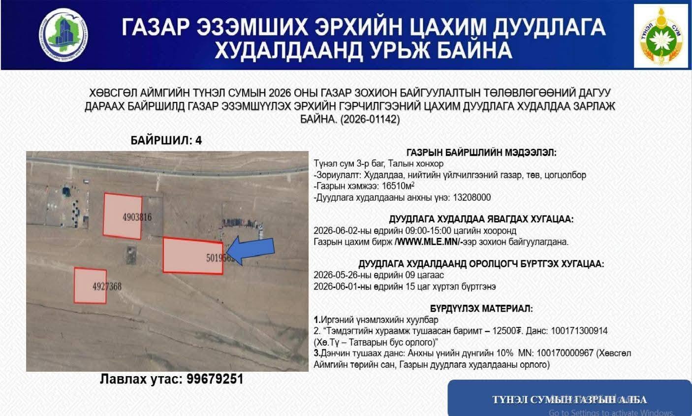 ТҮНЭЛ СУМЫН ГАЗАР ЭЗЭМШИХ ЭРХИЙН ЦАХИМ ДУУДЛАГА ХУДАЛДААНД УРЬЖ БАЙНА