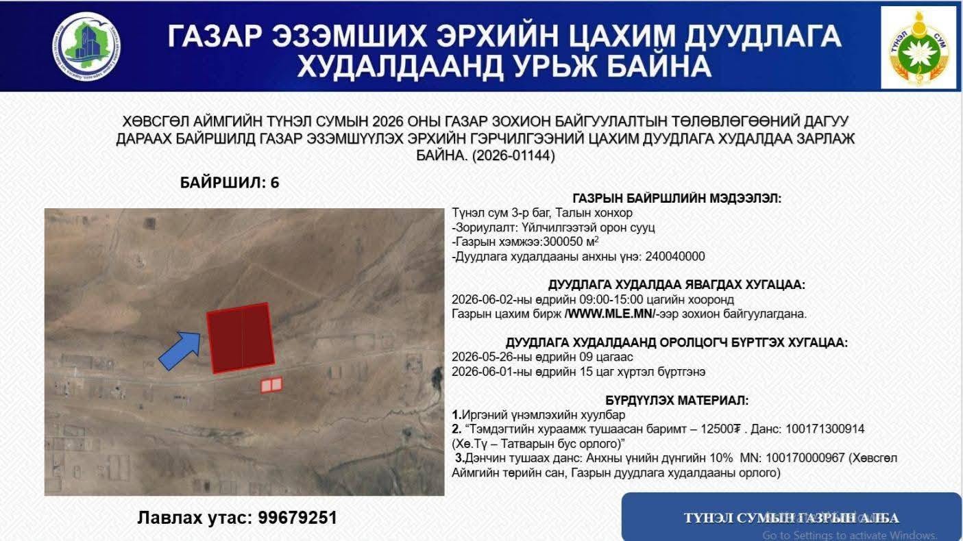 ТҮНЭЛ СУМЫН ГАЗАР ЭЗЭМШИХ ЭРХИЙН ЦАХИМ ДУУДЛАГА ХУДАЛДААНД УРЬЖ БАЙНА