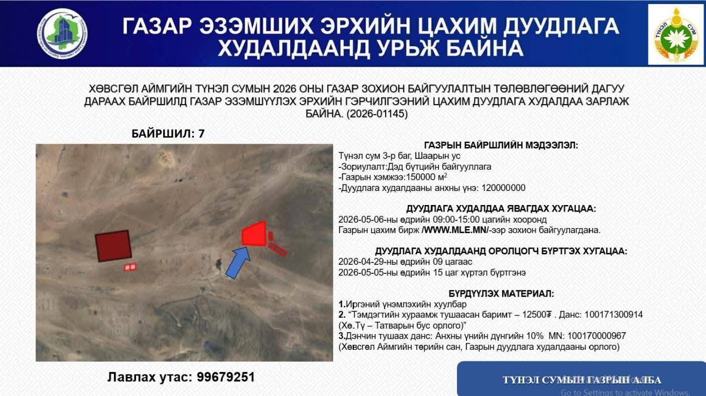 ТҮНЭЛ СУМЫН ГАЗАР ЭЗЭМШИХ ЭРХИЙН ЦАХИМ ДУУДЛАГА ХУДАЛДААНД УРЬЖ БАЙНА