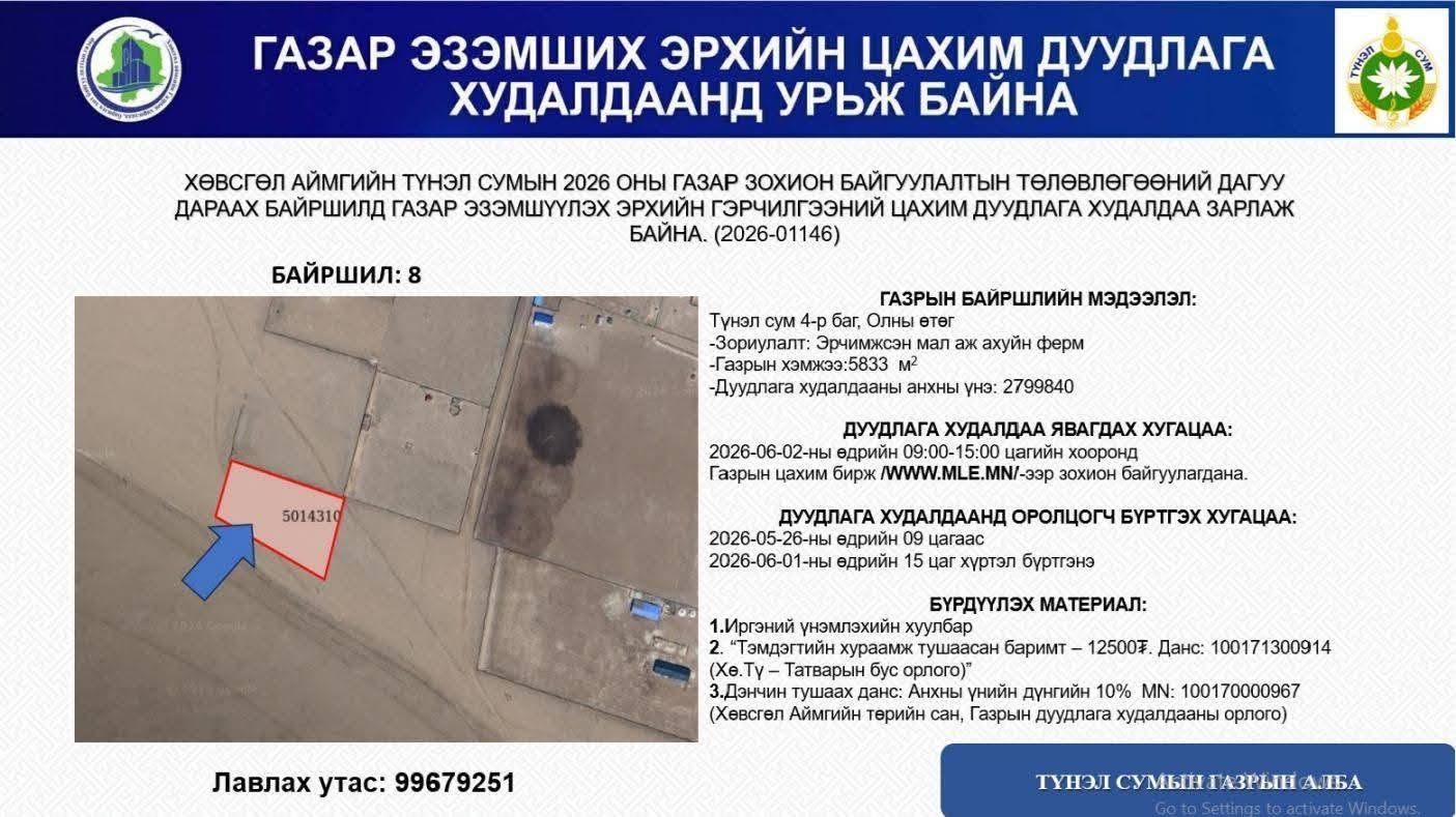 ТҮНЭЛ СУМЫН ГАЗАР ЭЗЭМШИХ ЭРХИЙН ЦАХИМ ДУУДЛАГА ХУДАЛДААНД УРЬЖ БАЙНА