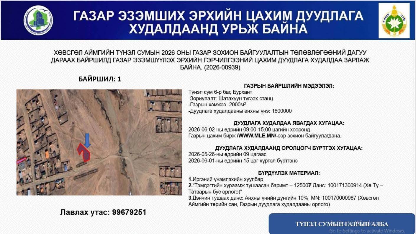 ТҮНЭЛ СУМЫН ГАЗАР ЭЗЭМШИХ ЭРХИЙН ЦАХИМ ДУУДЛАГА ХУДАЛДААНД УРЬЖ БАЙНА