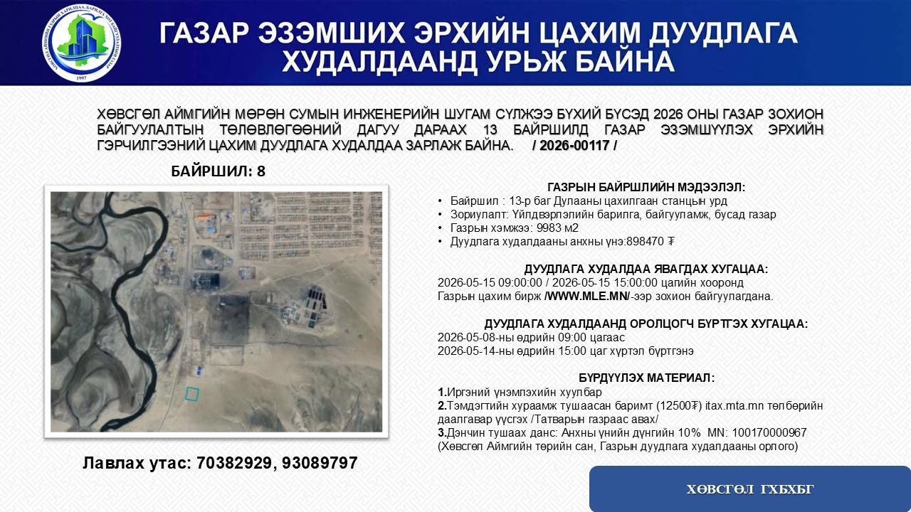 ГАЗАР ЭЗЭМШИХ ЭРХИЙН ЦАХИМ ДУУДЛАГА ХУДАЛДААНД УРЬЖ БАЙНА