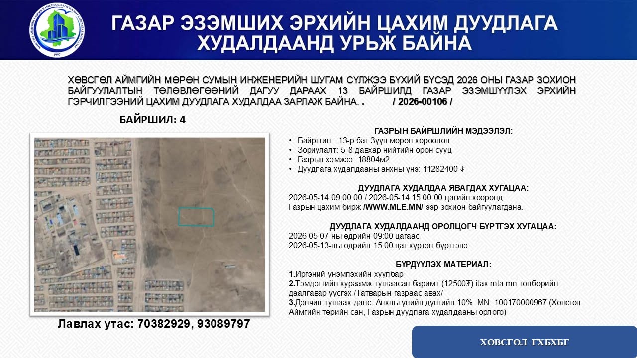 ГАЗАР ЭЗЭМШИХ ЭРХИЙН ЦАХИМ ДУУДЛАГА ХУДАЛДААНД УРЬЖ БАЙНА
