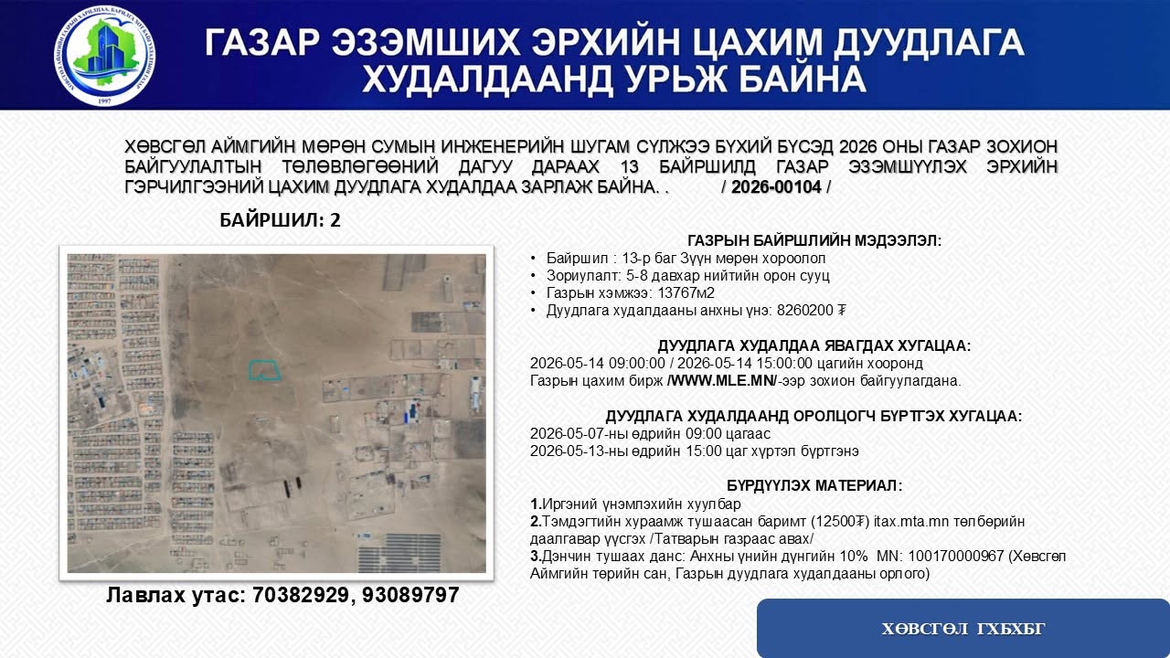 ГАЗАР ЭЗЭМШИХ ЭРХИЙН ЦАХИМ ДУУДЛАГА ХУДАЛДААНД УРЬЖ БАЙНА
