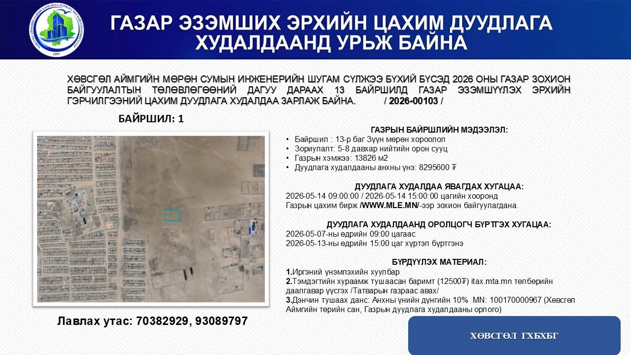 ГАЗАР ЭЗЭМШИХ ЭРХИЙН ЦАХИМ ДУУДЛАГА ХУДАЛДААНД УРЬЖ БАЙНА