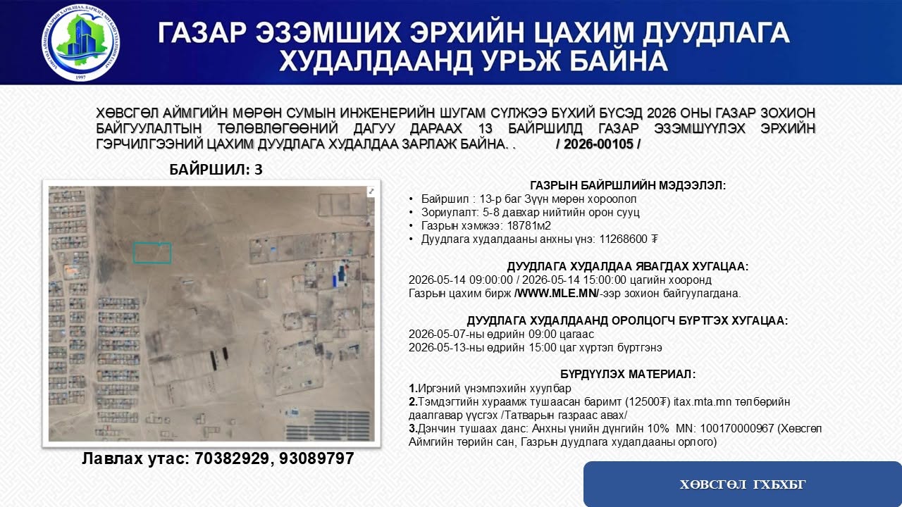 ГАЗАР ЭЗЭМШИХ ЭРХИЙН ЦАХИМ ДУУДЛАГА ХУДАЛДААНД УРЬЖ БАЙНА