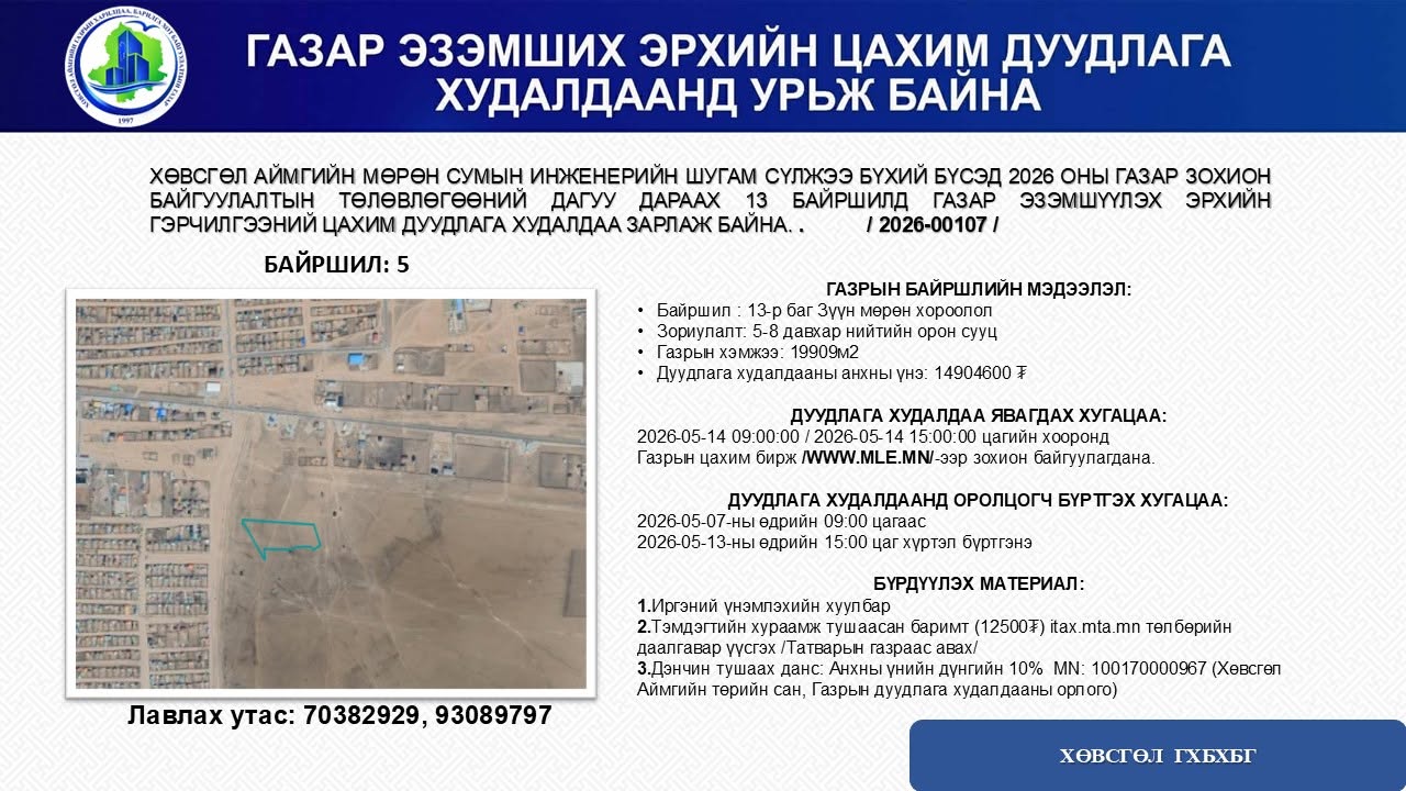 ГАЗАР ЭЗЭМШИХ ЭРХИЙН ЦАХИМ ДУУДЛАГА ХУДАЛДААНД УРЬЖ БАЙНА