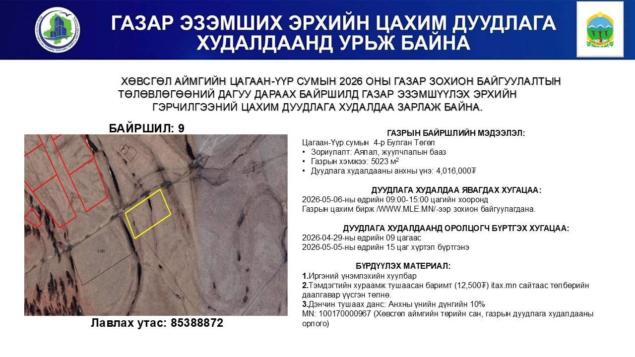ГАЗАР ЭЗЭМШИХ ЭРХИЙН ЦАХИМ ДУУДЛАГА ХУДАЛДААНД УРЬЖ БАЙНА