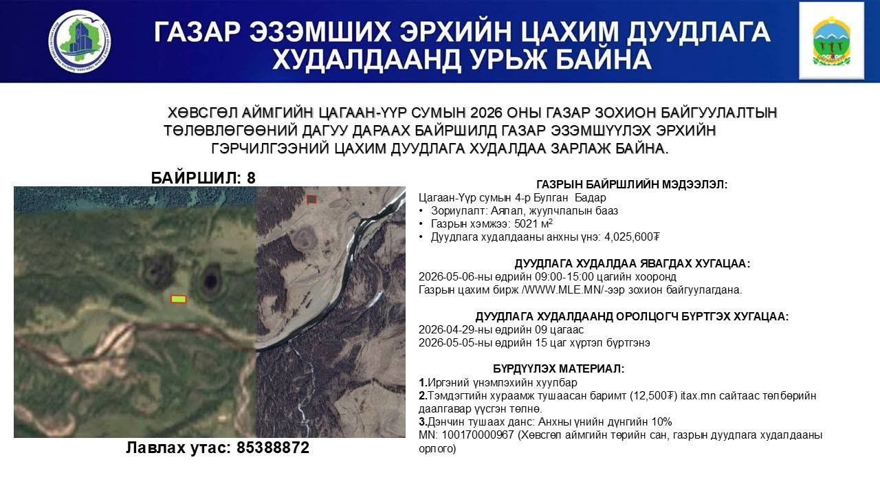 ГАЗАР ЭЗЭМШИХ ЭРХИЙН ЦАХИМ ДУУДЛАГА ХУДАЛДААНД УРЬЖ БАЙНА