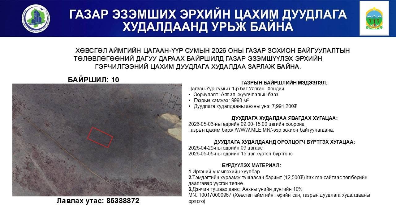 ГАЗАР ЭЗЭМШИХ ЭРХИЙН ЦАХИМ ДУУДЛАГА ХУДАЛДААНД УРЬЖ БАЙНА