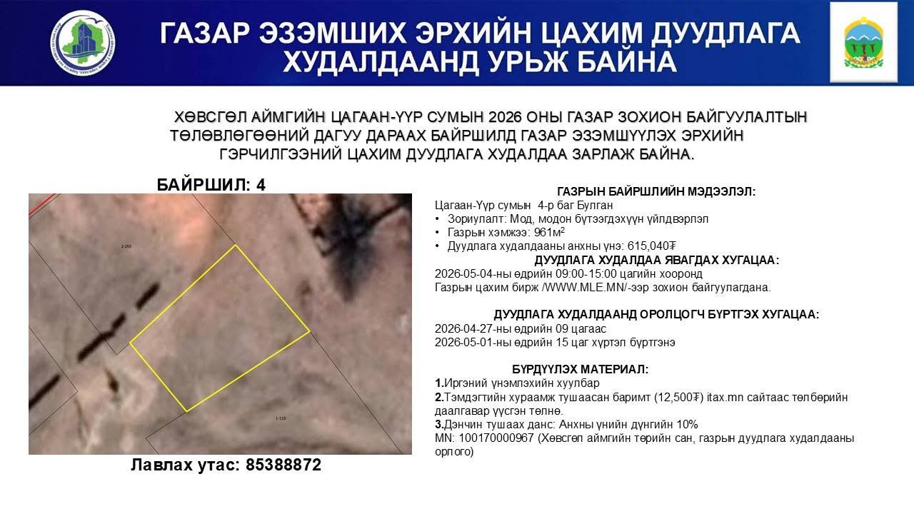 ГАЗАР ЭЗЭМШИХ ЭРХИЙН ЦАХИМ ДУУДЛАГА ХУДАЛДААНД УРЬЖ БАЙНА
