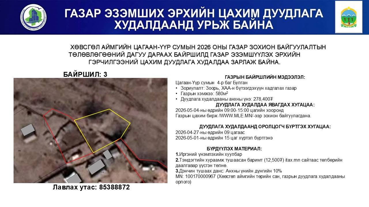 ГАЗАР ЭЗЭМШИХ ЭРХИЙН ЦАХИМ ДУУДЛАГА ХУДАЛДААНД УРЬЖ БАЙНА