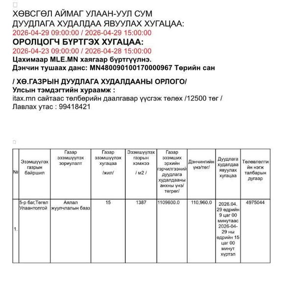 Хөвсгөл аймгийн Улаан-Уул сумын Аялал жуулчлалын зориулалттай газрын худалдаанд урьж байна.