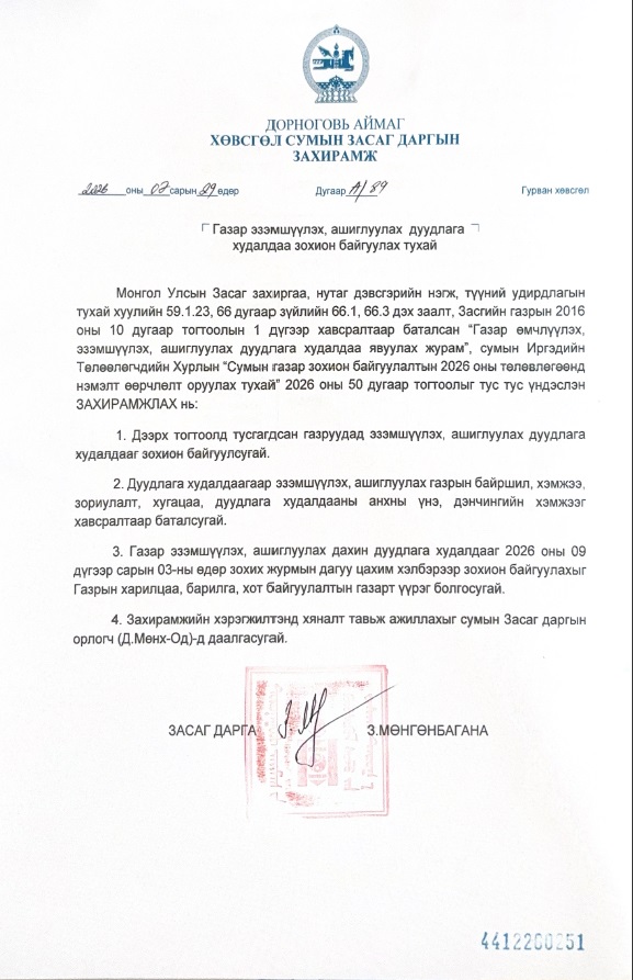 ХӨВСГӨЛ СУМАНД ГАЗРЫН ДУУДЛАГА ХУДАЛДАА ЦАХИМААР ЗОХИОН БАЙГУУЛАГДАНА.