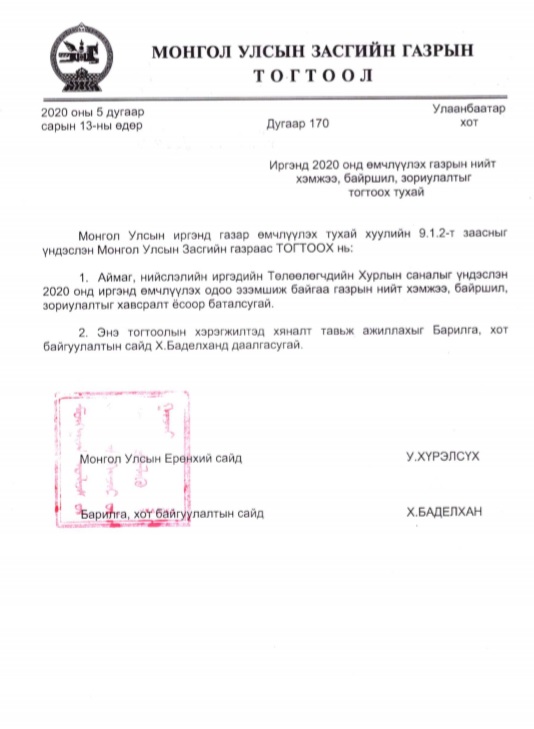 2020 ОНД ИРГЭН ӨМЧЛҮҮЛЭХ ГАЗРЫН ХЭМЖЭЭ БАЙРШИЛ ЗОРИУЛАЛТЫГ ТОГТООХ ТУХАЙ