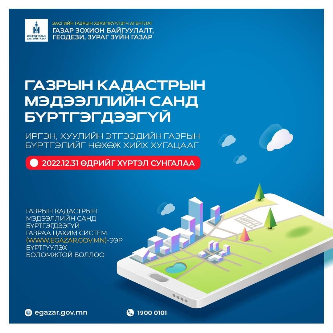 Газрын кадастрын мэдээллийн санд бүртгэгдээгүй иргэн, хуулийн этгээдийн газрын бүртгэлийг нөхөж хийх хугацааг 2022.12.31 хүртэл сунгалаа.